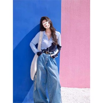 法式藍色拉鏈polo領針織開衫外套女2026新款春秋秋冬長袖短款上衣