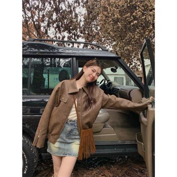 MEME外賣到了川西旅游秋美式咖色皮衣外套夾克老錢風女美拉德穿搭