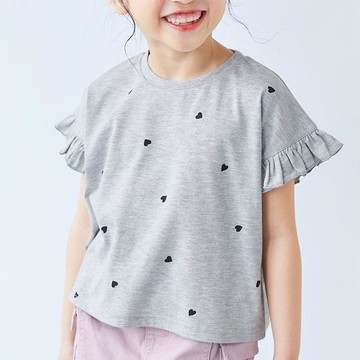 日本 devirock - 愛心印花荷葉邊短袖上衣-灰