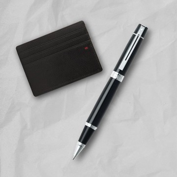 【SHEAFFER】300系列黑桿銀夾鋼珠筆+經典卡夾禮盒 免費刻字