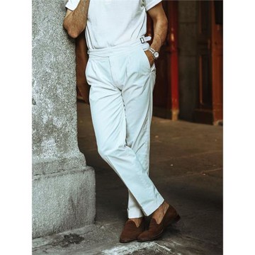 春夏純棉白色休閑褲男寬松九分褲 那不勒斯寬松褲子