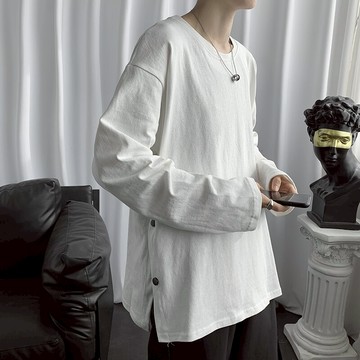 排扣長袖t恤男春秋季ins潮牌開叉純色打底衫韓版寬松百搭潮流上衣