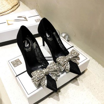 2022年春夏新款蕾絲水鉆蝴蝶結尖頭細高跟鞋女淺口性感女單鞋日常