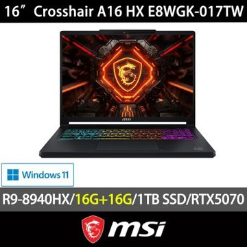 MSI 微星 Crosshair A16 HX E8WGK-017TW 16吋電競特仕筆電(Ryzen 9-8940HX/16G+16G/1TB SSD/RTX5070/QHD+/W11)