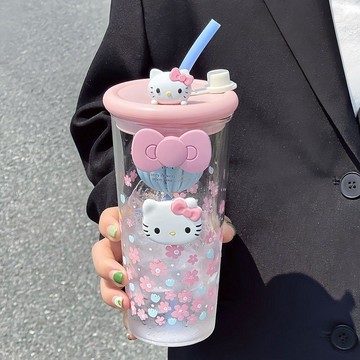 ✨臺灣出貨✨helloKitty防爆玻璃水杯女生高顏值耐高溫泡茶杯學生大容量吸管杯