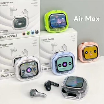 跨境新款AirMax彩屏無線藍牙耳機透明款觸摸屏數顯TWS5.4運動耳機