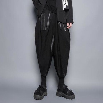 暗黑系山本風寬松哈倫掉襠褲低檔嘻哈闊腿褲垂感拼接個性九分褲潮