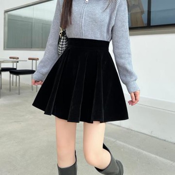 秋冬新款絲絨百褶裙半身裙韓版大碼高腰顯瘦傘裙胖mm遮胯蓬蓬短裙