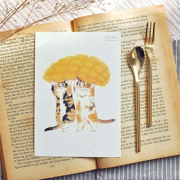 貓咪插畫明信片-芒果迫降