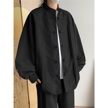 國潮牌新中式盤扣襯衫外套男小眾高級感寬松黑色痞帥國風唐裝襯衣