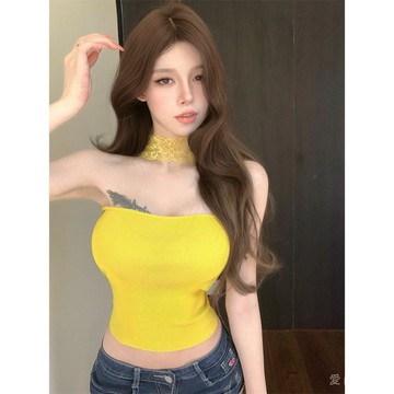 蕾絲拚接黃色掛脖抹胸背心 女夏季修身內搭設計感 外穿純慾韓版上衣