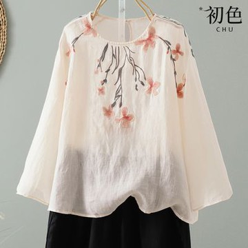 初色 文藝棉麻風重工刺繡輕薄透氣圓領長袖T恤上衣女上衣-共4色-14810(M-2XL可選)