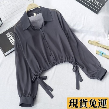 𝙻𝚞𝚢𝚞🚀限時免運2024潮牌新款下擺抽繩短款透視防曬襯衫女長袖薄款簡約純色襯衣領
