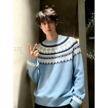 藍色費爾島毛衣男款冬季美式復古提花針織衫可外穿內搭重磅毛線衣