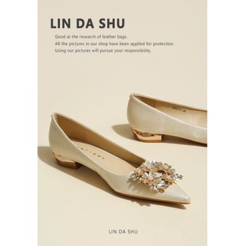 【林大叔】平底單鞋女2025新款緞面尖頭粗跟新娘鞋主婚紗低跟婚鞋