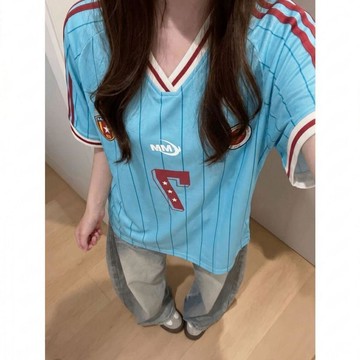 本土出貨  美式冰球服 數字球衣 橄欖服 夏季新款情侶款球服女生美式V領撞色運動小衆休閒T恤短袖球衣R R