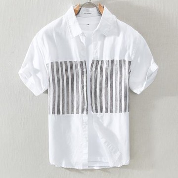 夏季男亞麻短袖條紋襯衫日系休閑青年棉麻襯衣半袖衫外搭寸衫上衣