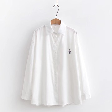 學院風卡通刺繡長袖白色POLO領襯衫女春裝百搭休閑上衣內搭打底衫
