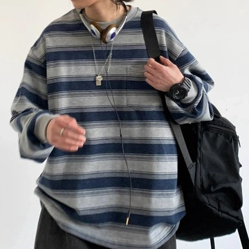 圓領條紋上衣 日系衛衣男 情侶t恤 打底衫 春秋款 夾心條紋 落肩 寬鬆 休閒 百搭 上衣長袖 復古