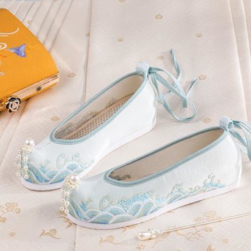 舞繡緣古風鞋子女漢服鞋夏季新款翹頭履內增高珍珠舞蹈透氣繡花鞋