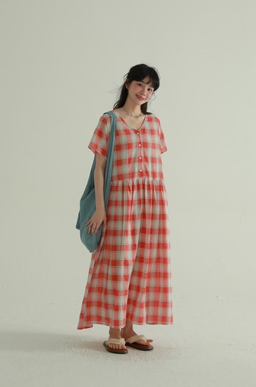 2顏色 日系文藝復古格紋洋裝 休閒格子森系連身長裙