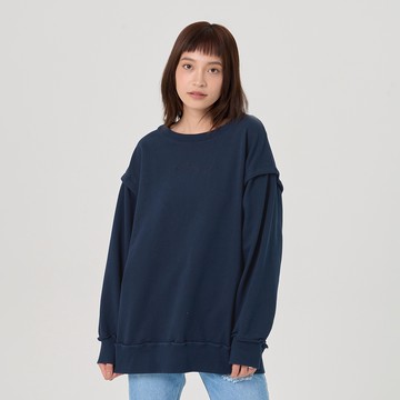 【ERSS】女裝 長袖上衣 長袖 上衣 素T 假兩件 造型剪接袖 素色 百搭T 丈青【K60249】