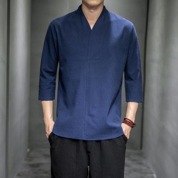 亞麻短袖t恤男v領棉麻七分袖體恤夏季中國風大碼男裝半袖復古衣服