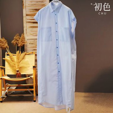 初色 文藝條紋單排釦胸口袋POLO領無袖襯衫中長裙連衣裙連身洋裝-共2色-14898(M-2XL可選)