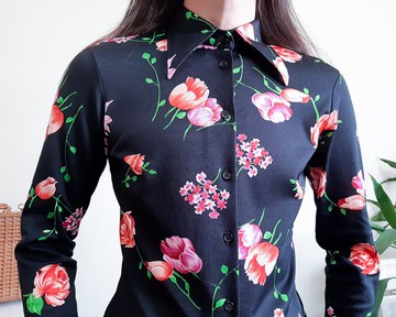 復古 1970 年代花卉襯衫鬱金香印花迪斯可襯衫匕首領夏季襯衫