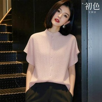 初色 休閒風純色圓領荷葉袖短袖排釦肌理感織紋襯衫上衣女上衣-粉色-51727(M-2XL可選)