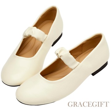 【Grace Gift】日系微甜雲朵抓皺柔感平底瑪莉珍鞋 米白