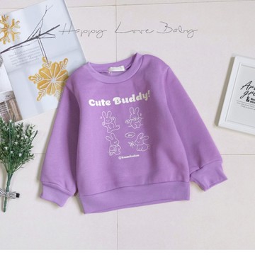 厚款 可愛兔子塗鴉灰紫刷毛保暖上衣 秋冬童裝 女童長袖 女童棉T 秋冬上衣 棉T 刷毛上衣 刷毛T