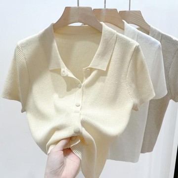素色短版襯衫 上衣 針織衫 開衫 夏季新款Polo領針織衫女氣質顯瘦短袖小個子純色百搭短款開衫上衣 女裝