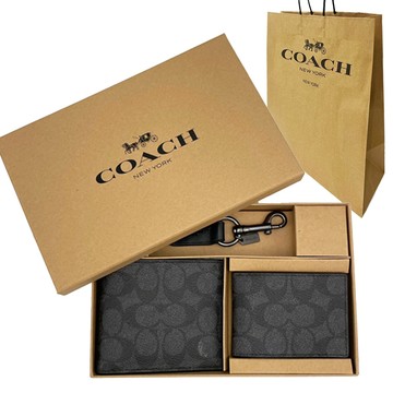 COACH C LOGO男款8卡短夾附鑰匙圈活動證件夾禮盒附紙袋(黑灰)