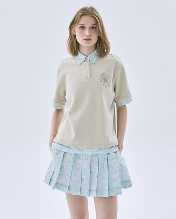 MARDI MERCREDI 休閒短POLO衫 卡其色 刺繡小雛菊 卡其花 拼接 LAYERED PIQUET TSHIRT FLOWER NEEDLEWORK FLEUR
