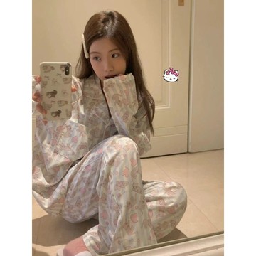 Xuan♥條紋小貓睡衣女春秋新款長袖長褲ins日系卡通學生居家服套裝外穿