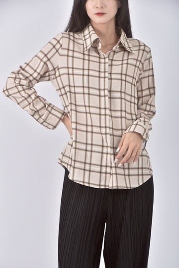 (M) 格紋棕色長袖上衣