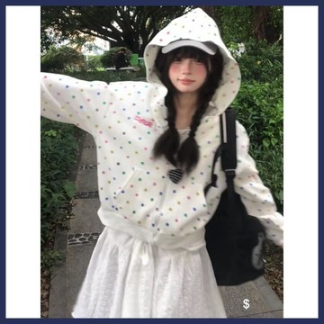 WYZ美式復古甜酷印花波點刺繡連帽帽T 大學T開襟外套新款寬鬆百搭學生短款外套