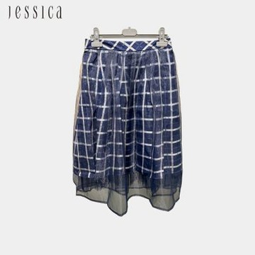 JESSICA - 性格百搭格紋拼接透視紗裙（藍）G43101
