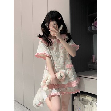 可愛粉色兔子睡衣女夏季短袖短褲日系娃娃領學生可外穿家居服套裝寬鬆睡衣家居服性感睡衣吊帶睡衣睡衣