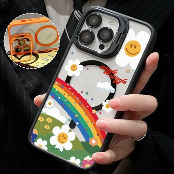 彩虹花朵 金屬鏡頭隱形支架 磁吸防摔殼 iPhone 17 15 14 13 12 11 Pro Max 保護殼