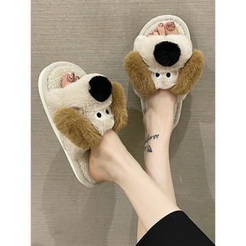 2025新款棉拖鞋女秋冬季可愛狗狗韓版保暖室內家居卡通一字毛毛拖