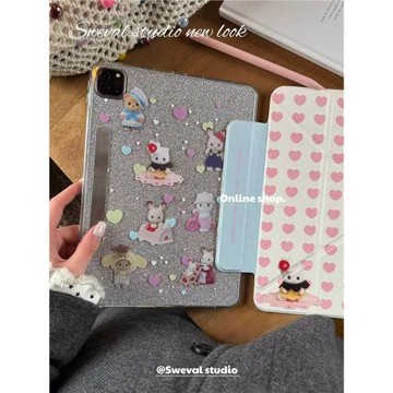 甜味山谷 森貝兒家族可愛韓國荔枝紋皮革平板保護殼防彎亞克力背板適用于ipad蘋果pro2022air456mini67星光色