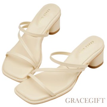 【Grace Gift】時髦日常交叉細帶雲感中跟拖鞋 淺黃