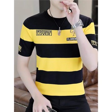 2025新款夏季短袖t恤男潮薄款條紋冰絲半袖字母燙鉆針織體恤上衣