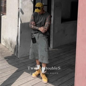 【20ss_select】韓國 街頭水洗側袋工裝七分褲 七分褲 短褲 男生短褲 工裝短褲 水洗短褲 短褲男 工裝褲 日系