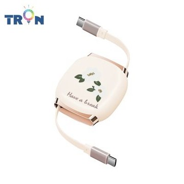 TRON 100W Type-C 伸縮快充線 1M 奶茶色 平塗手繪小花卉-1 4檔長度調整 可充筆電 適用i15以上手機 平板