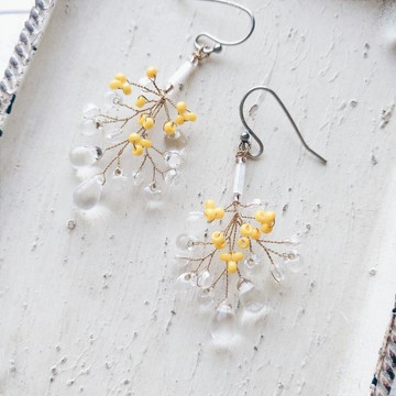 串珠 編織 耳環 花束  金合歡 水滴  可改夾式