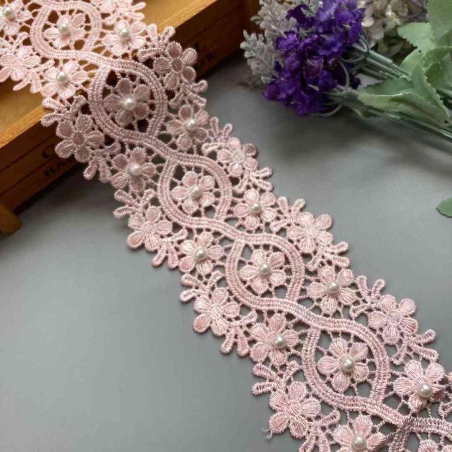 2ヤード8センチメートルピンク真珠 花 レーストリムリボンポリエステル刺繍生地ハンドメイドdiy 結婚式 縫製 品クラフト装飾