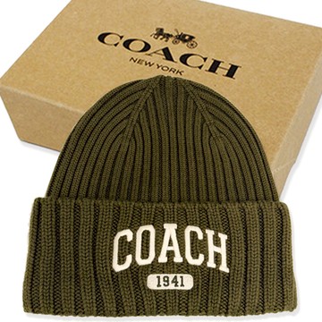 【COACH】刺繡字母LOGO 100%羊毛毛帽附禮盒(橄欖綠)